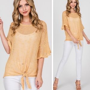 Mustard bell sleeve top with front tie